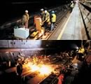 Two pictures of workers in the Eurotunnel
