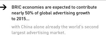 BRIC economies are expected to contribute nearly 50% of global advertising growth to 2015 with China alone already the world's second largest advertising market.