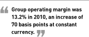 Group operating margin was 13.2% in 2010, an increase of 70 basis points at constant currency.