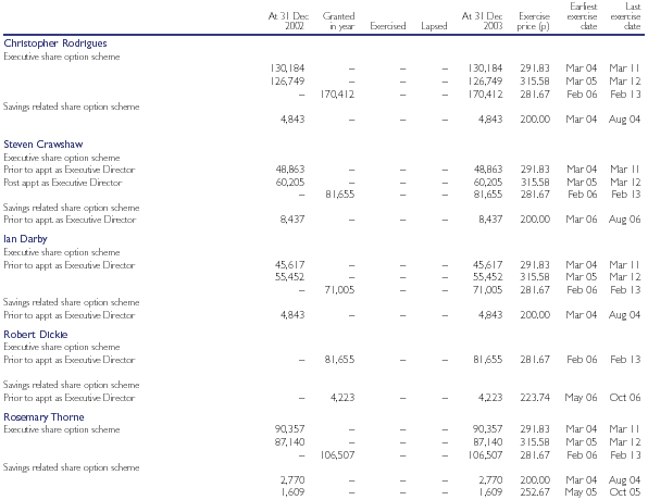 Directors' share option grants table