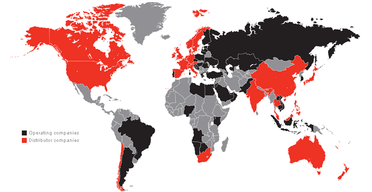 Map showing geographical spread of Operating companies and Distributor companies