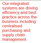 Our integrated systems are driving efficiency and best practice across the business including centralised purchasing and supply chain management.