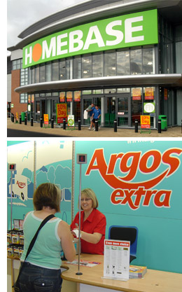 Image of Homebase store front and Argos customer being served