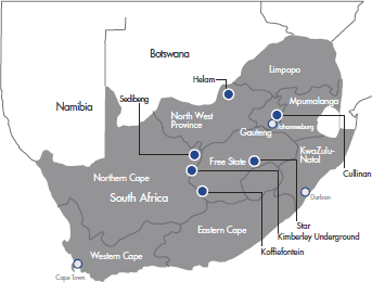 Map of South Africa indicating location of operations